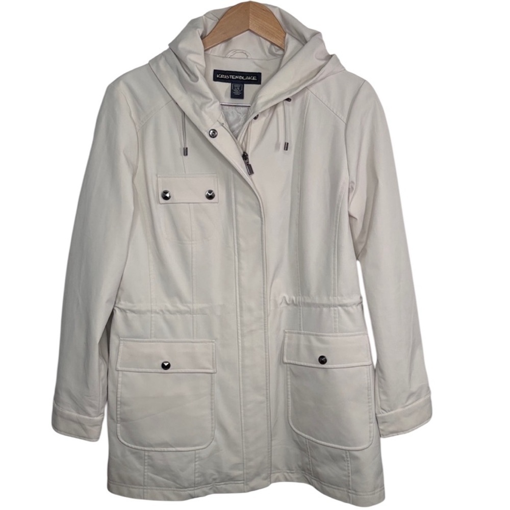 Kristen Blake Beige Full Zip Snap Hooded Jacket Women Size L BLEMISH